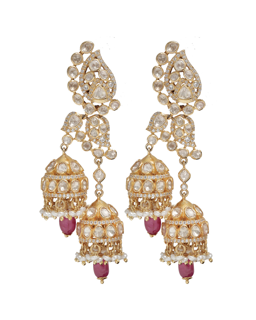 Gold White Moissanite, CZ, Rearls, and Red Garnet Drops Jhumki