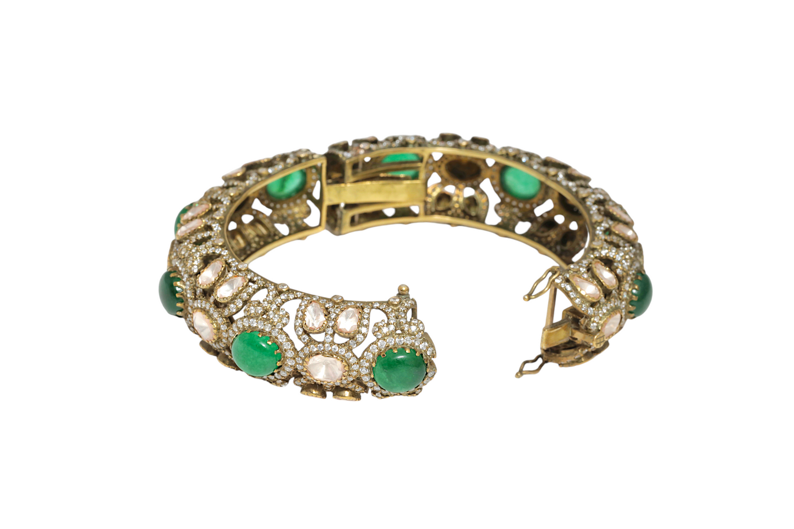 Antique Gold Moissanite, CZ, and Green Quartz Cabachon Bangle