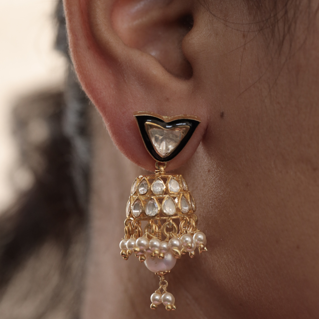 Gold Blue Moissanite, Pearls, and Black Enameling Jhumki