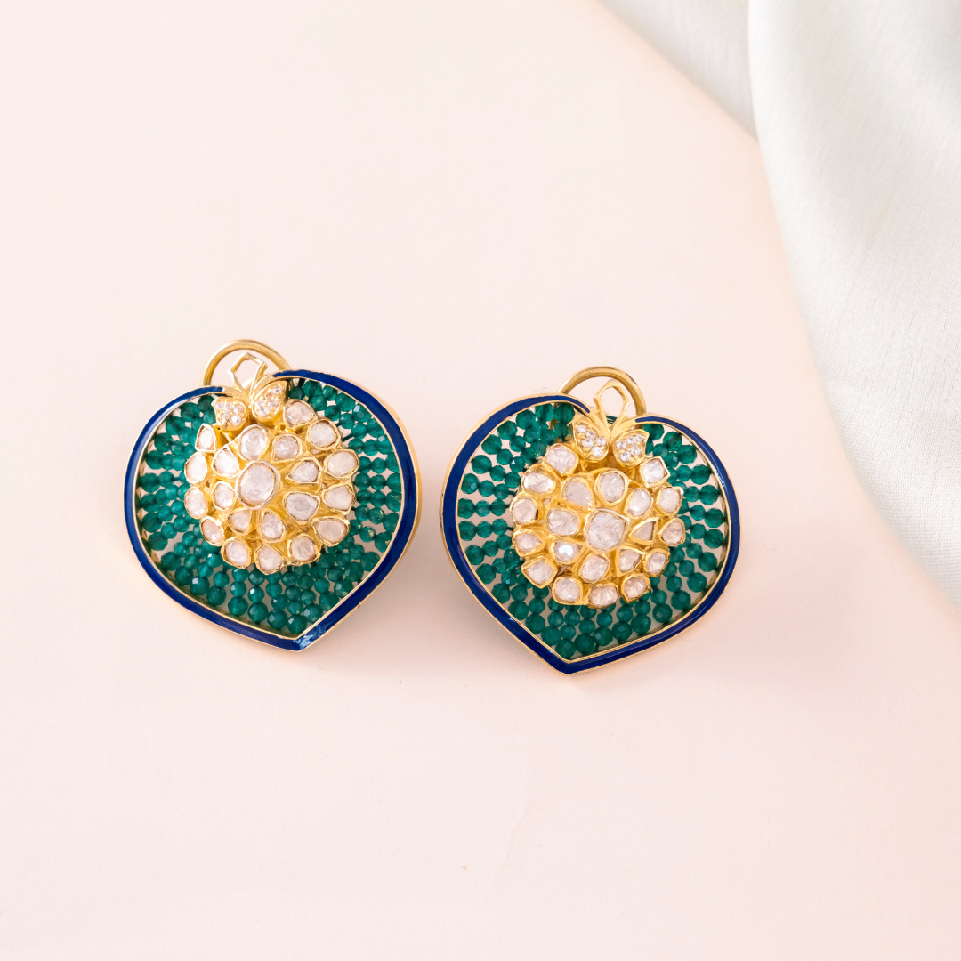 Gold Green CZ and Blue Enameling Studds