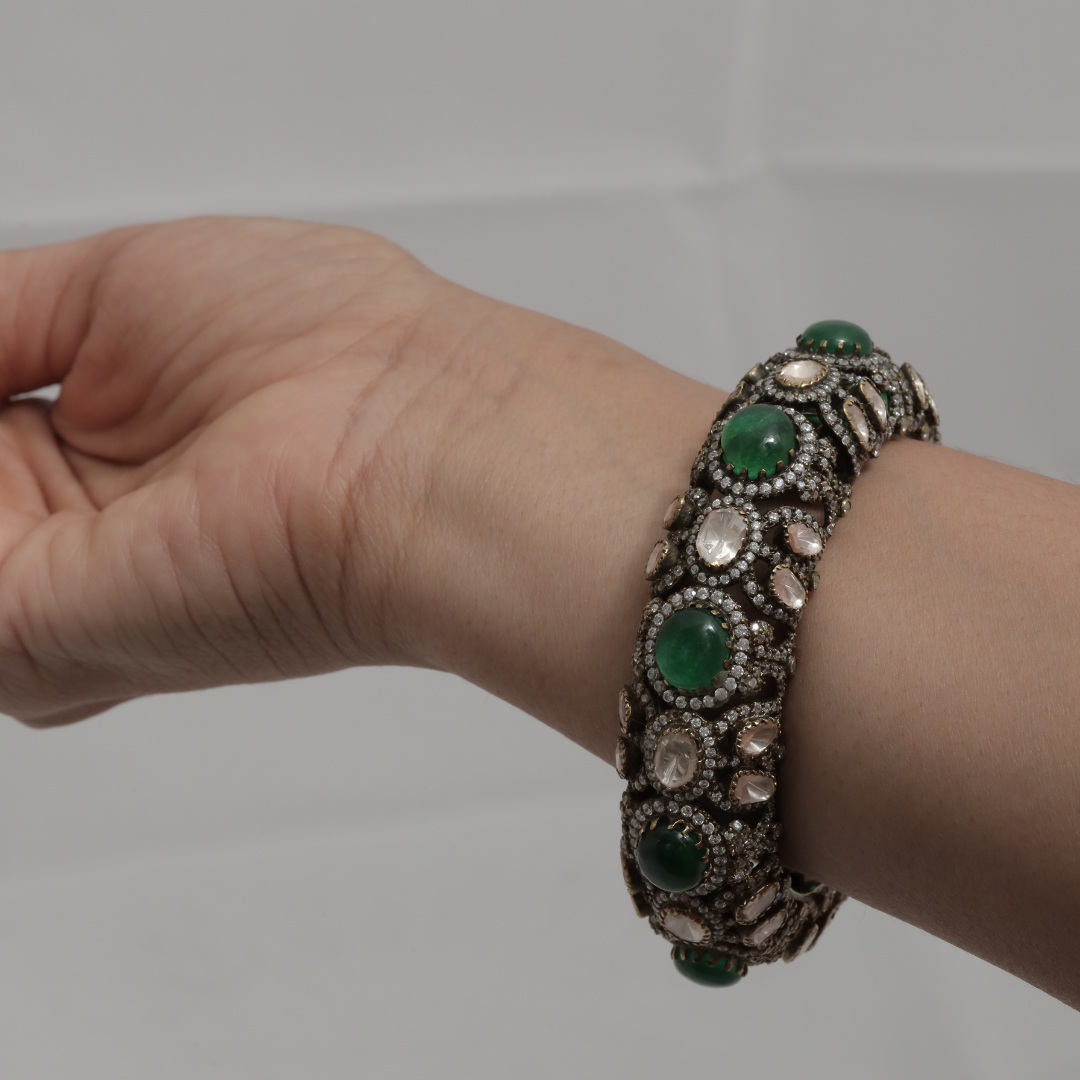 Antique Gold Moissanite, CZ, and Green Quartz Cabachon Bangle