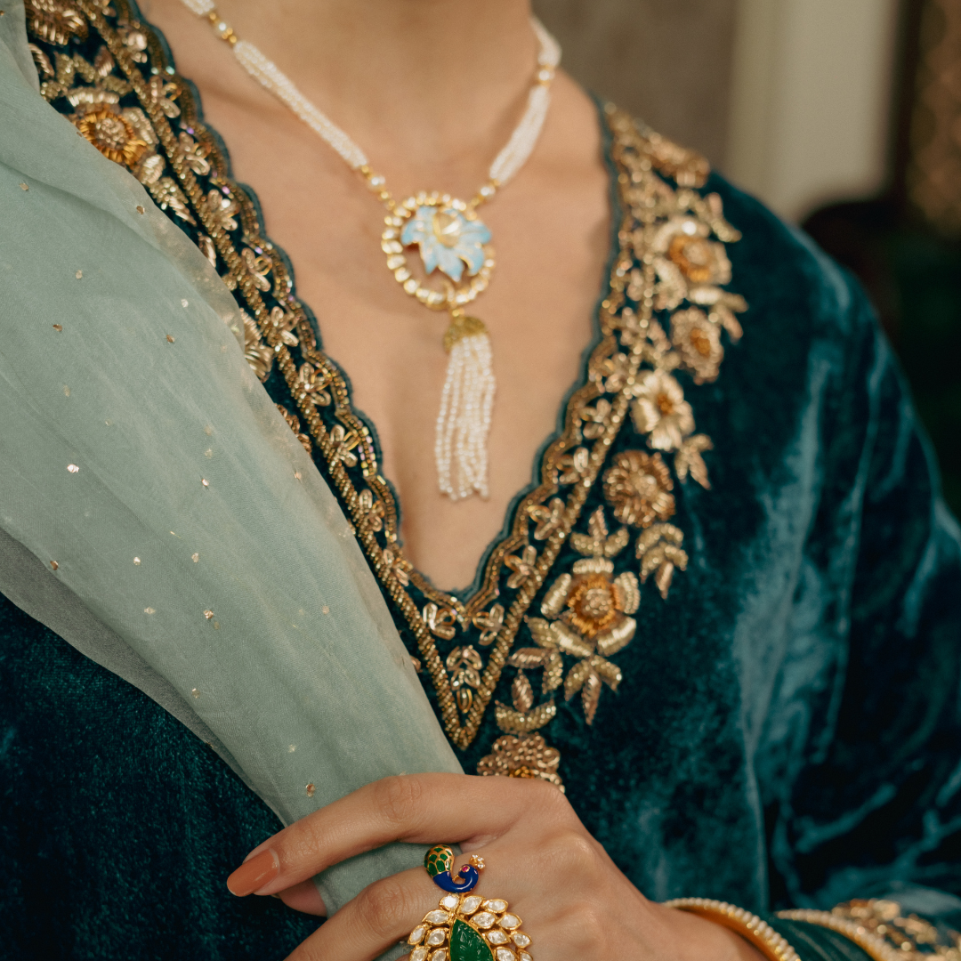 Gold Sky Blue Moissanite, Pearls, and Light Blue Enamelling Necklace