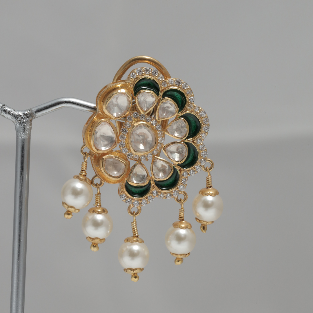 Gold Green Moissanite, Pearls, and Green Enameling Stud