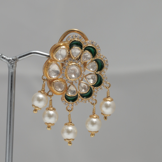 Gold Green Moissanite, Pearls, and Green Enameling Stud