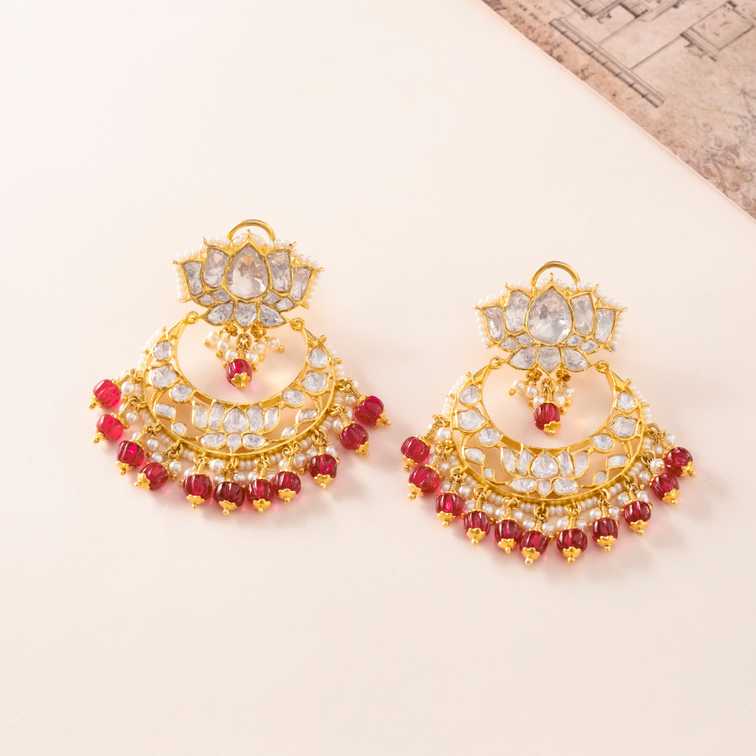 Gold Moissanite, Pearls, and Fancy Red CZ Beads Chand Baali