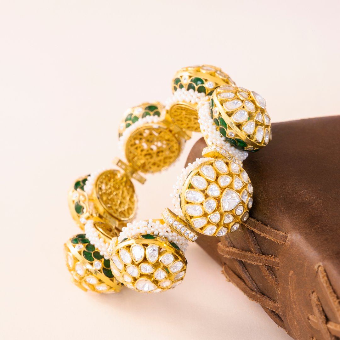 Gold White Fancy Cut Green CZ Gajra