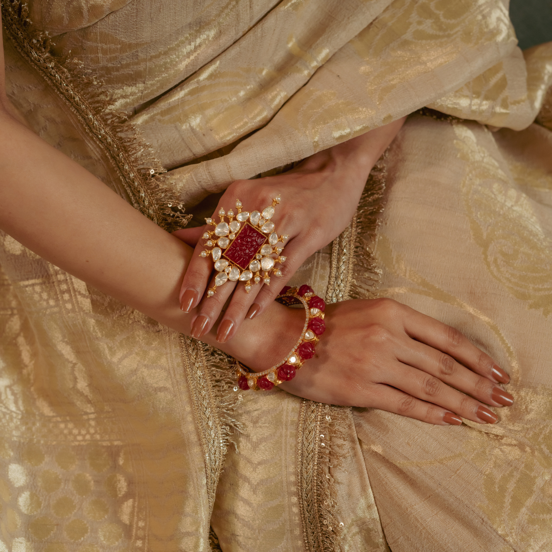 Gold Moissanite, Red CZ Carved Stone, and Pearls Ring