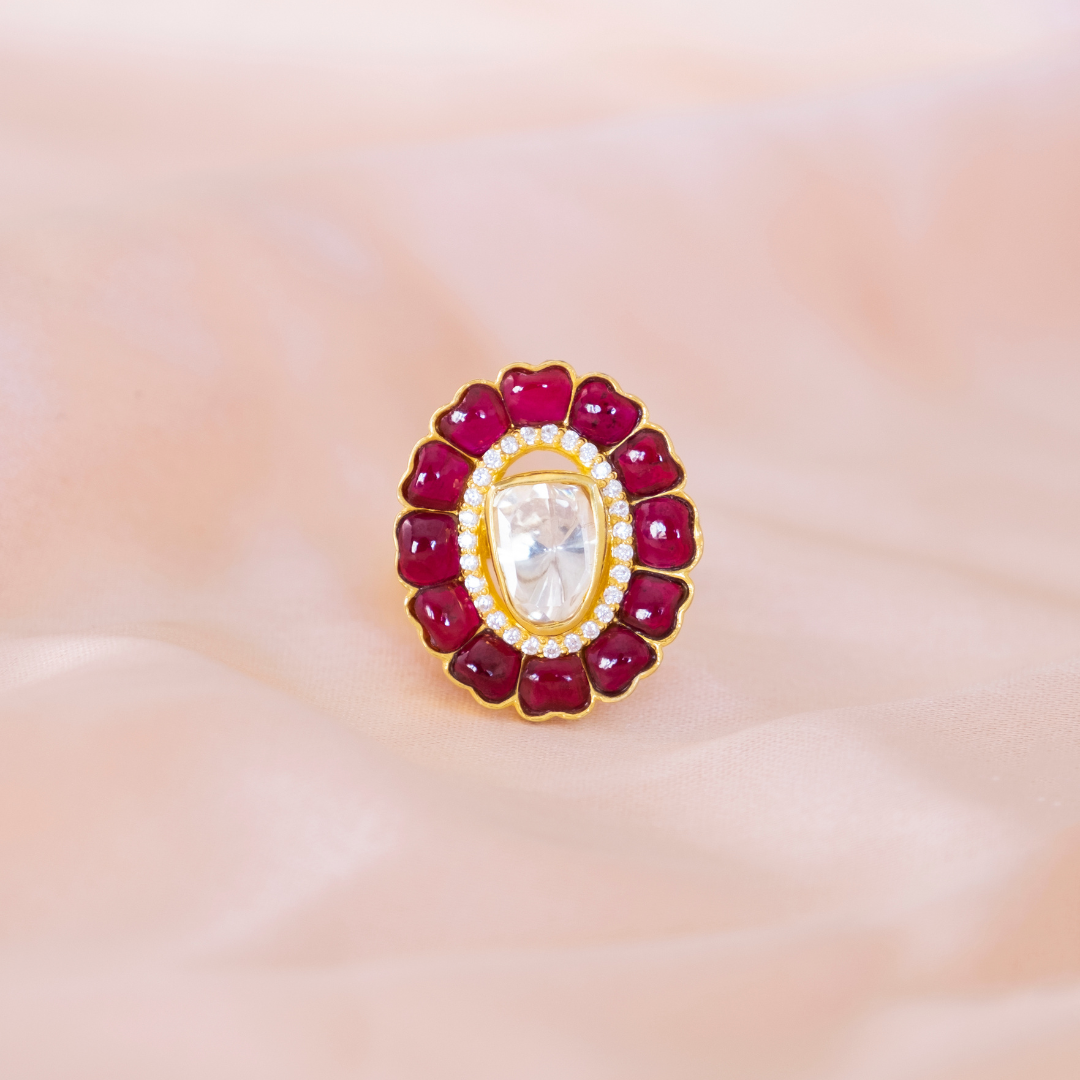 Gold Moissanite, and Fancy Cut Red CZ Ring