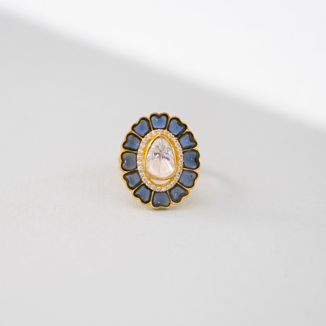 Gold Moissanite, and Fancy Cut Blue CZ Ring