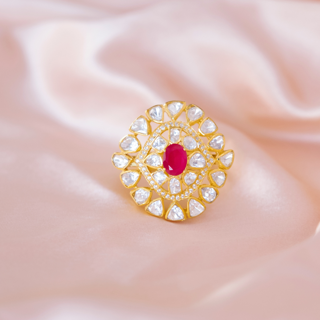 Gold Moissanite, and Red CZ Ring