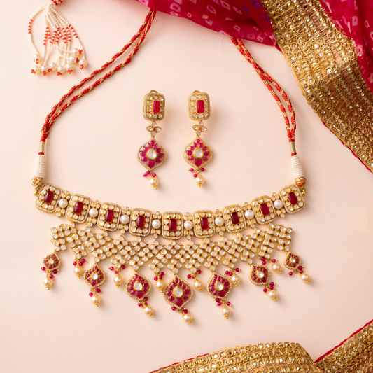 Gold Red Necklace and Earring Kundan Set