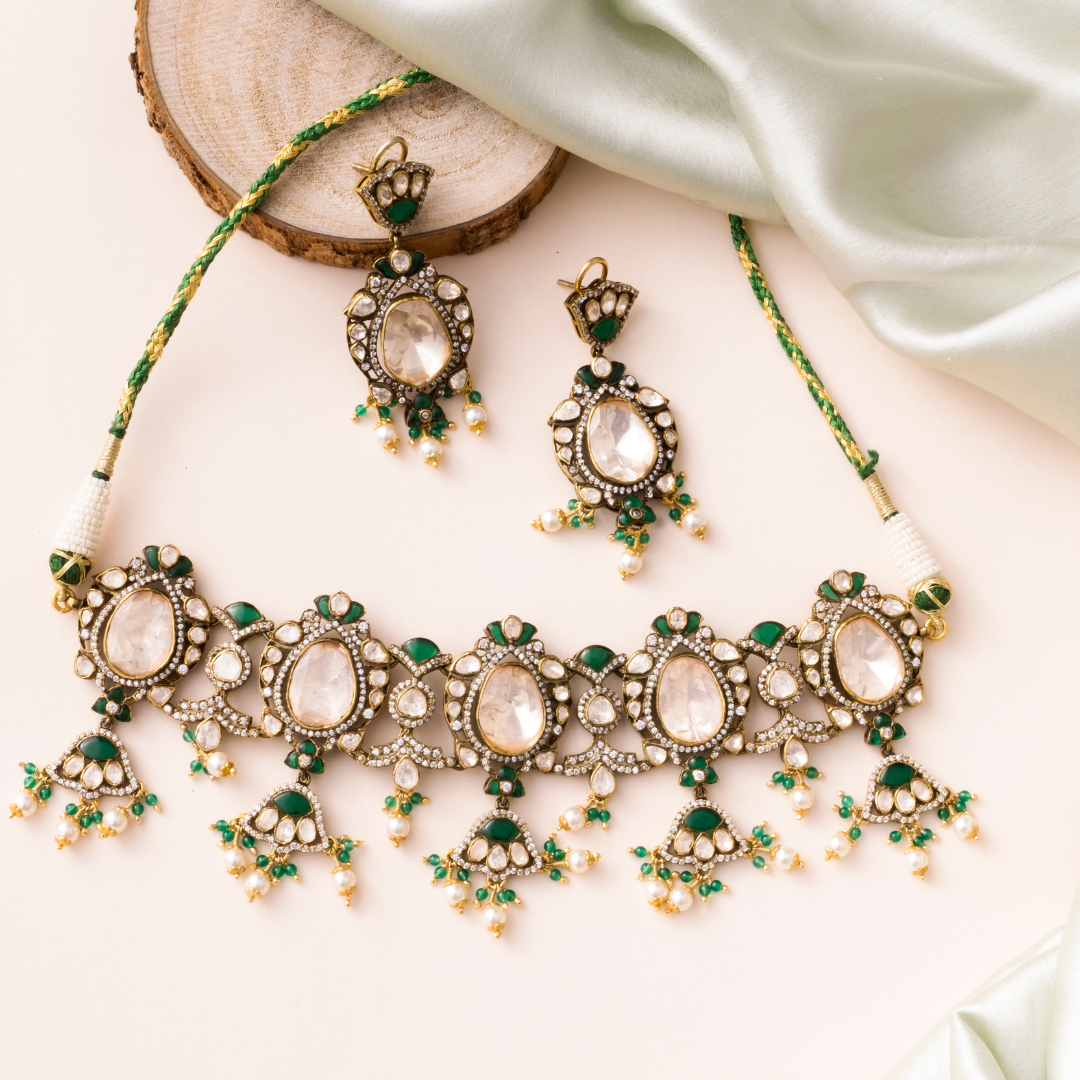 Antique Gold Green Necklace and Earring Set