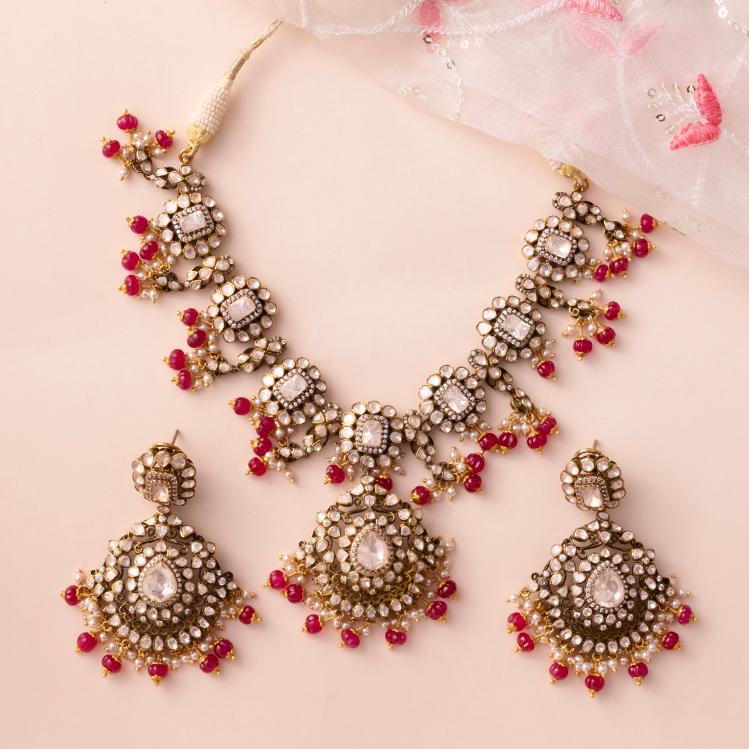 Antique Gold Necklace and Earring Red Garnet Beads Set