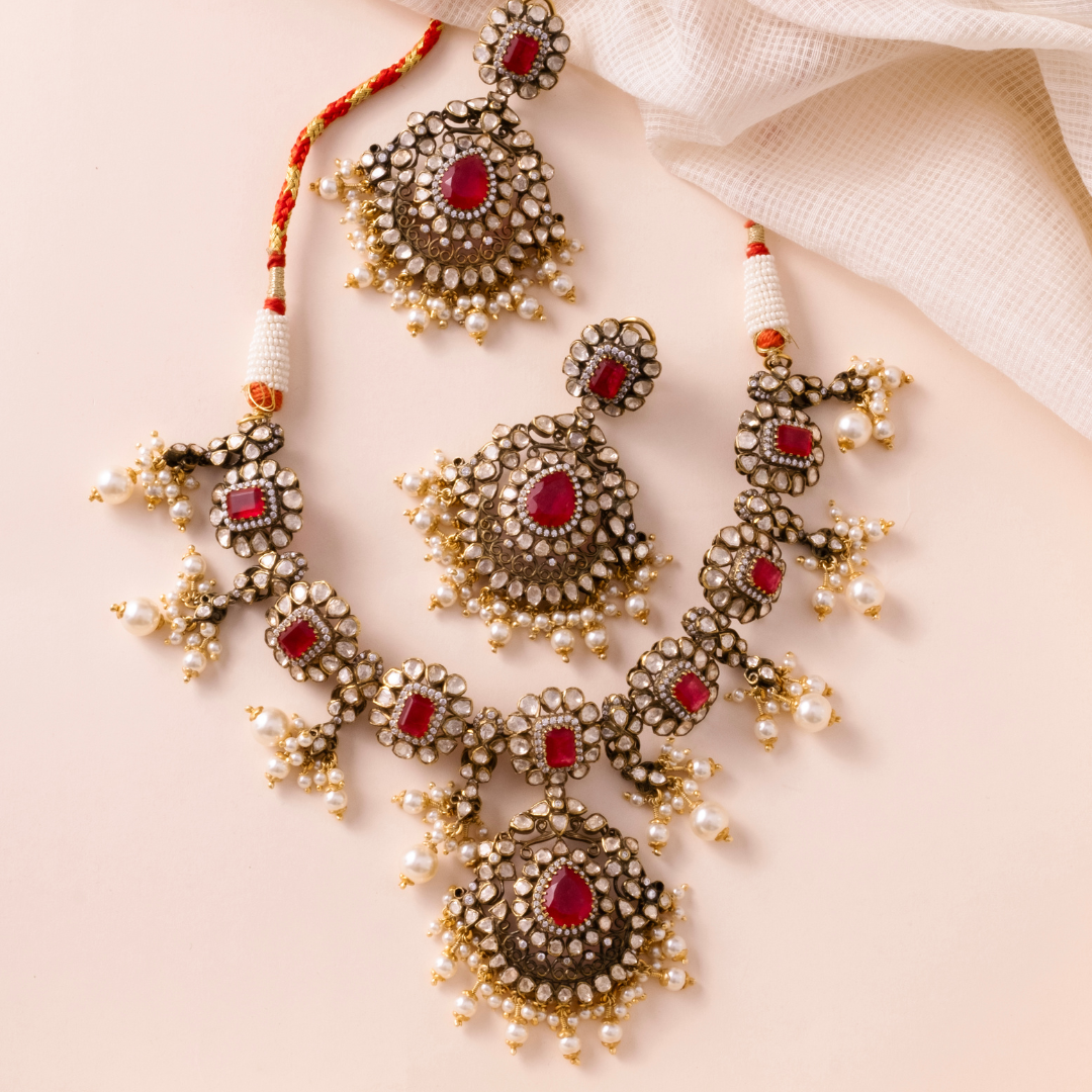 Antique Gold Red Necklace and Earring with Pearls Set