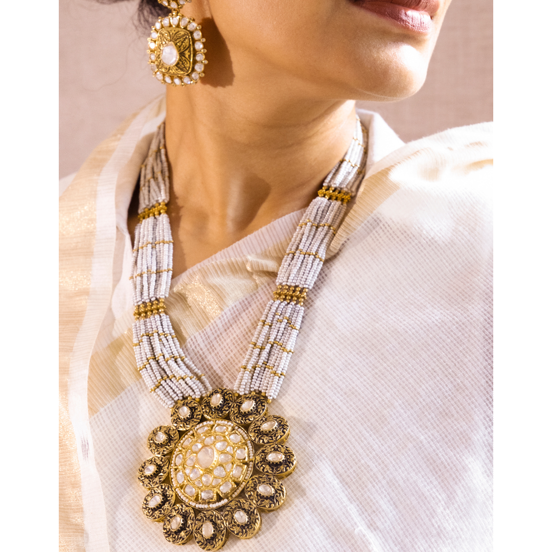 Antique Gold White Oxidized Necklace and Earrings Set