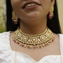 Gold Moissanite, Pearls, and Red Garnet Beads Necklace and Earring Set