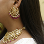 Gold Moissanite, Pearls, and Red Garnet Beads Necklace and Earring Set